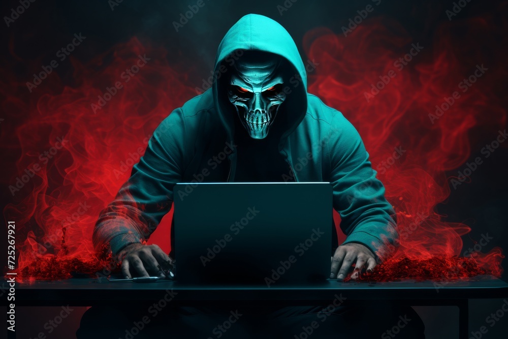 A masked and hooded hacker intently typing on a laptop, attempting to breach computer systems amid a dark backdrop of mysterious neon smoke. Generative AI. A masked and hooded hacker intently typing on a laptop, attempting to breach computer systems amid a dark backdrop of mysterious neon smoke. Generative AI.