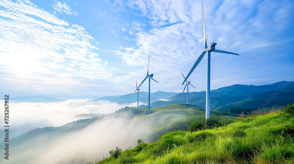 Wind Turbines on Misty Mountains at Sunrise : Wind turbines rise above the mist-covered mountains at sunrise, symbolizing renewable energy and sustainability.

