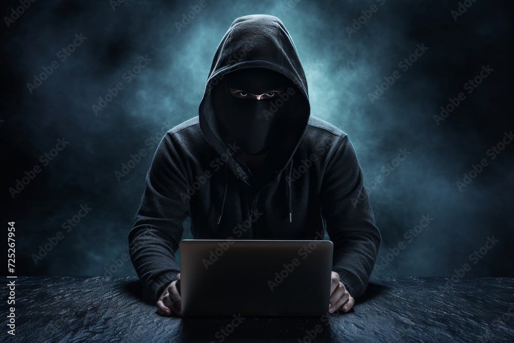 A masked and hooded hacker intently typing on a laptop, attempting to breach computer systems amid a dark backdrop of mysterious neon smoke. Generative AI. A masked and hooded hacker intently typing on a laptop, attempting to breach computer systems amid a dark backdrop of mysterious neon smoke. Generative AI.