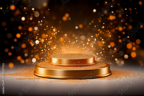 Golden Podium With Glittering Sparkle Background : An elegant golden podium illuminated by a shower of sparkling glitters, symbolizing success and prestige.

 photo