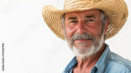 Man with straw hat and farmers clothing isolated on a white background