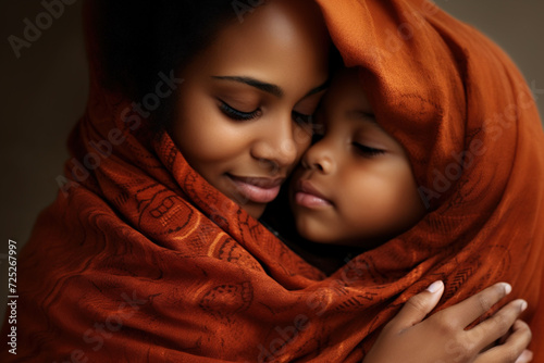 Portrait of happy African mommy and her child kid hugging each other in field nature. Mother s Day family holiday unconditional love concept. Adorable child hugging and embracing mom