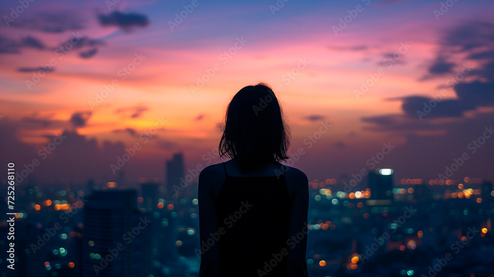 Graceful Silhouette of a Woman Standing in Poetic Contemplation Against the Stunning Backdrop of a Beautiful Urban Skyline at Dusk. Generative AI