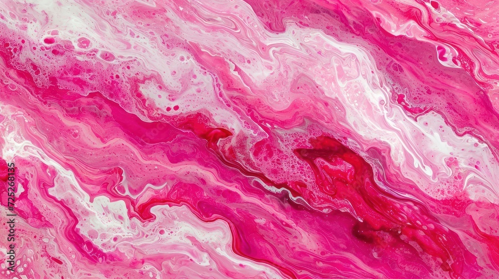 a close up of a pink and white fluid paint with a red heart in the center of the fluid paint. a close up of a pink and white fluid paint with a red heart in the center of the fluid paint.