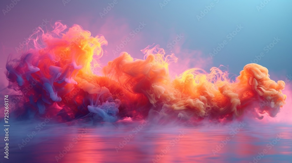  a colorful cloud of smoke floating in the air over a body of water with a blue sky in the background.