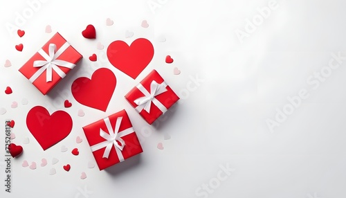 Photo red gift boxes and red paper hearts