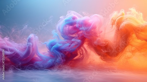  a group of colorful smokes floating in the air on top of a blue body of water in front of an orange and pink background.