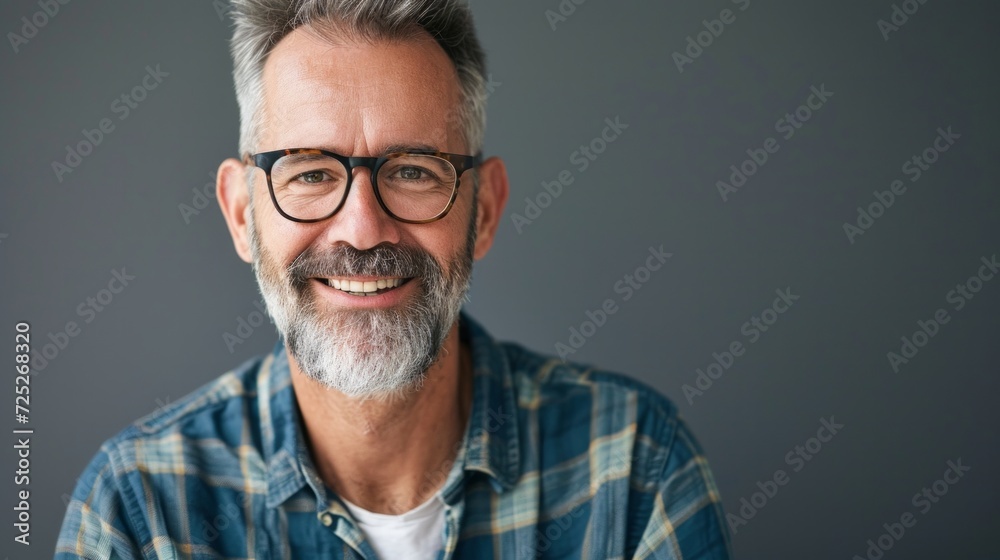 Portrait of smiling mature man standing on grey background. Portrait of smiling mature man standing on grey background.