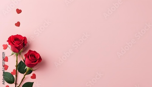 Two red roses laying next to each other with hearts on a pink background
