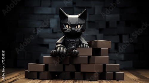 A ninja cat in a stealthy pose on a stack of building blocks. photo