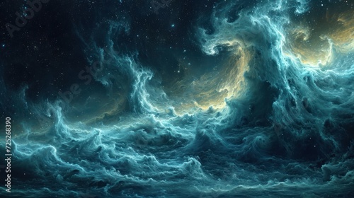  a painting of a large body of water in the middle of a large body of water with a star filled sky in the background.