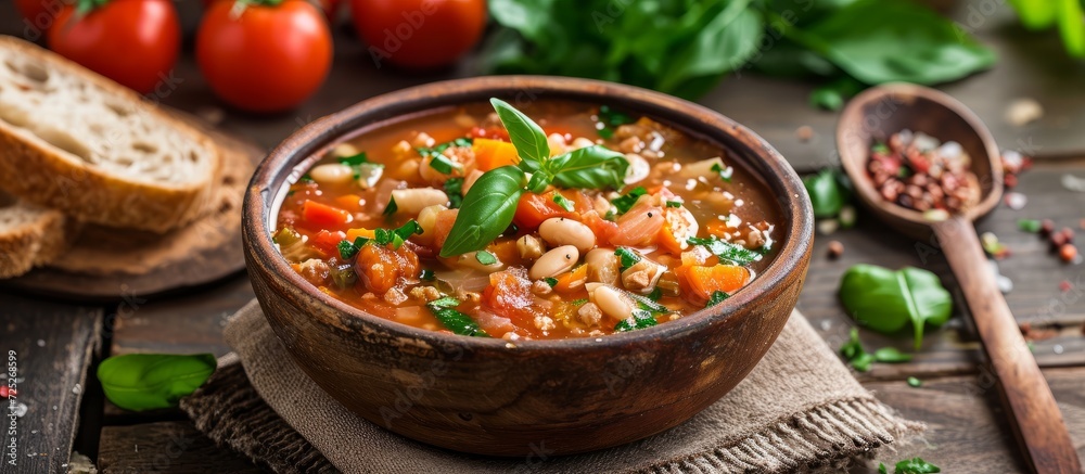 Tasty minestrone with vegetables and whole grain bread Tasty minestrone with vegetables and whole grain bread