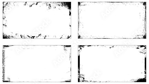Vector illustration. Set of 4 frames in grunge style. Dirty borders collection on white background. Design elements for banner, poster, flyer, invitation, card, social networks, blog posts, stories