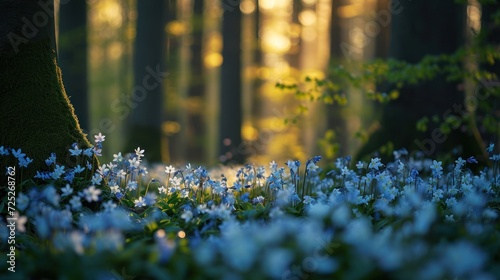  a forest filled with lots of blue flowers next to a lush green forest filled with lots of blue and white flowers.