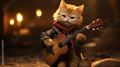 A rockstar cat strumming a toy guitar and belting out a tune.