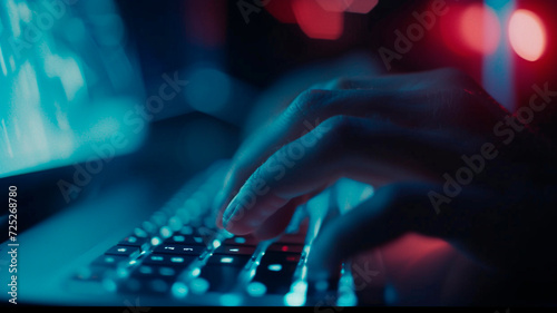 Close-up of a hand pressing a computer keyboard, with emphasis on tactile interaction. Generative AI