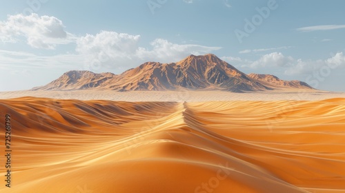  a desert landscape with a mountain in the distance and sand dunes in the foreground and a blue sky with wispy clouds.