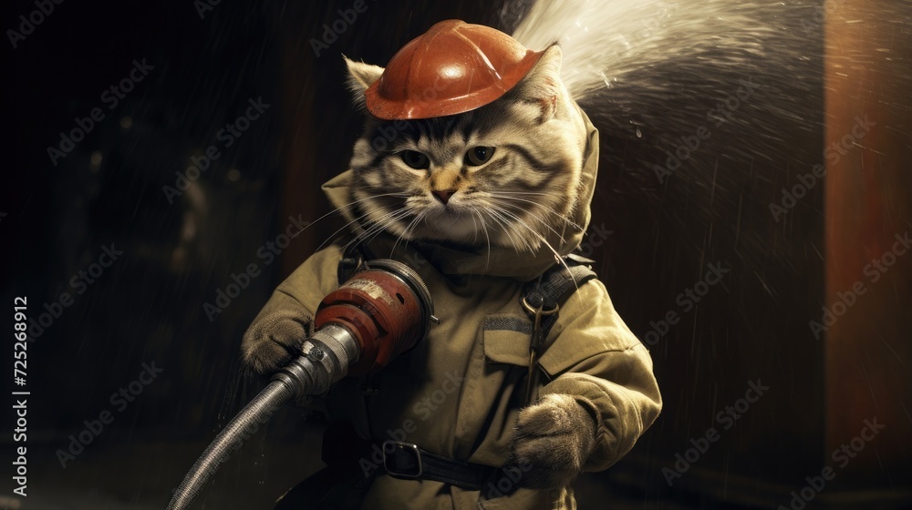A firefighter cat extinguishes a fire with a toy hose.