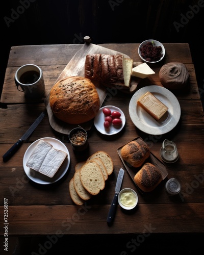  a wooden table topped with plates of food and a loaf of bread on top of a wooden table next to a cup of coffee.