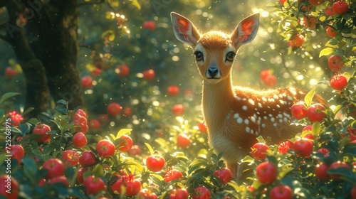  a deer standing in the middle of a forest filled with red apple trees and red apples in the foreground. © Olga
