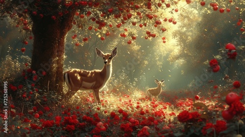  a couple of deer standing next to each other in a forest filled with red flowers and a forest filled with lots of trees.