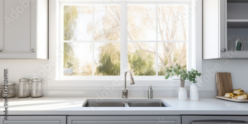 Bright kitchen featuring white countertop, sink, window, and grey furnishings.
