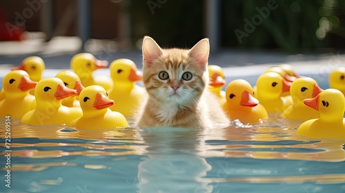 A lifeguard cat watching over a group of rubber duckies in a pool. photo