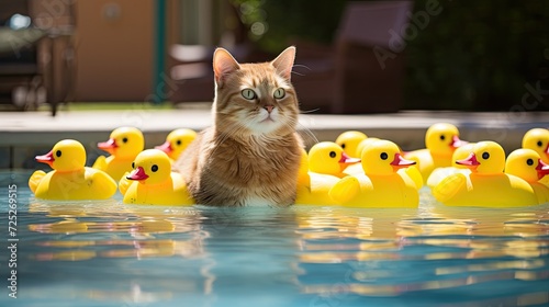 A lifeguard cat watching over a group of rubber duckies in a pool. photo