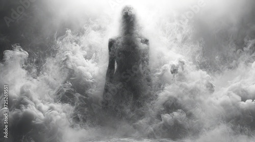  a black and white photo of a person standing in the middle of a cloud filled sky with a person standing in the middle of the clouds.