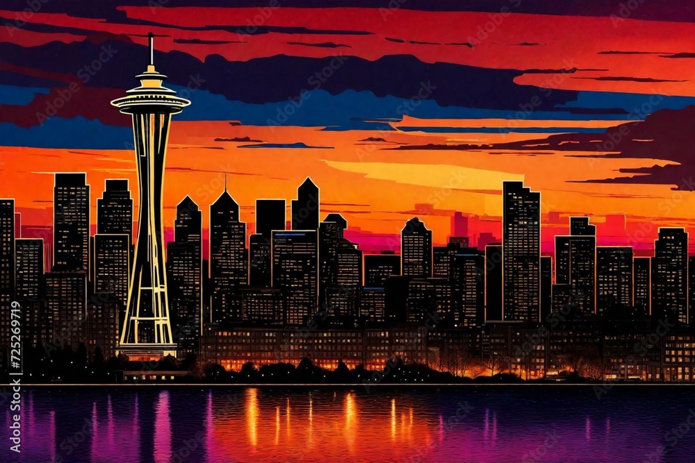Against the backdrop of a fiery sunset, the Seattle waterfront skyline
