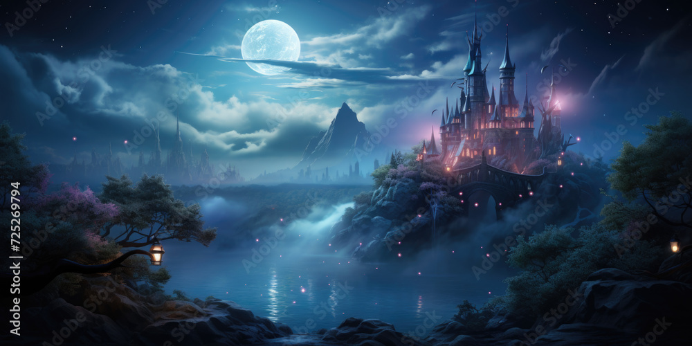 Magical fantasy fairy tale scenery, night in a forest Magical fantasy fairy tale scenery, night in a forest