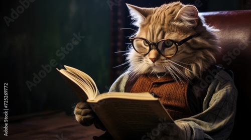 A nerdy cat wearing oversized glasses and reading a comic book. photo