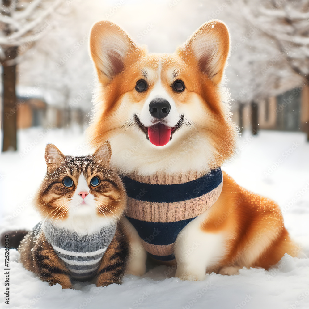 Beautiful tabby cat and red Corgi dog sitting in the winter garden on fluffy snow . funny friends a corgi dog and a striped cat. Pembroke Welsh Corgi. Cardigan Welsh Corgi. animal in winter. 
