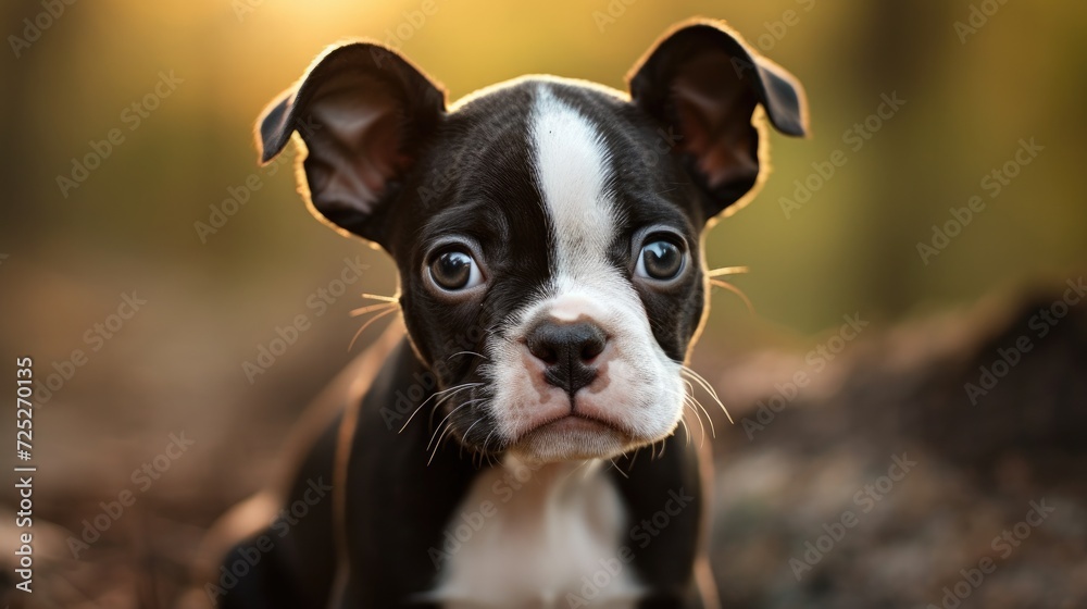 A perky Boston terrier pup with tuxedo-like markings and a charming personality.