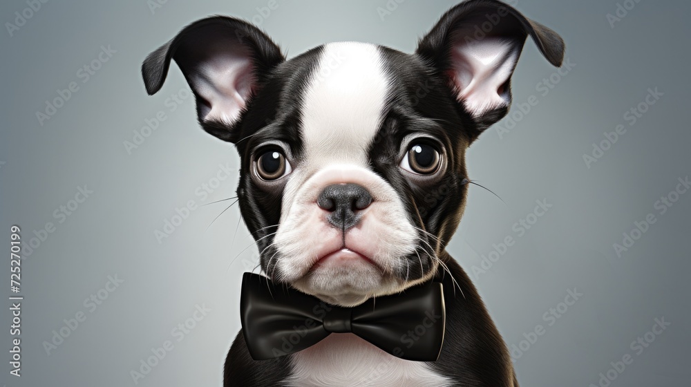 A perky Boston terrier pup with tuxedo-like markings and a charming personality.