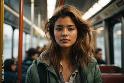 A young woman travels on public transport
