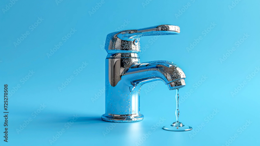 Water faucet with water drop on blue background Water faucet with water drop on blue background