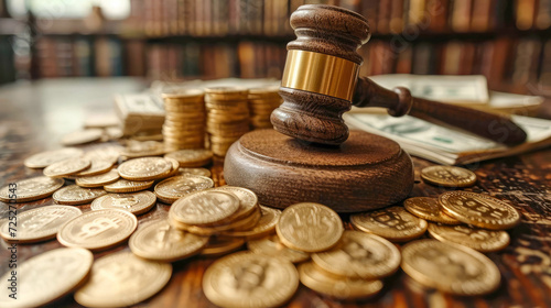 Wooden judge gavel and coins on wooden table, closeup