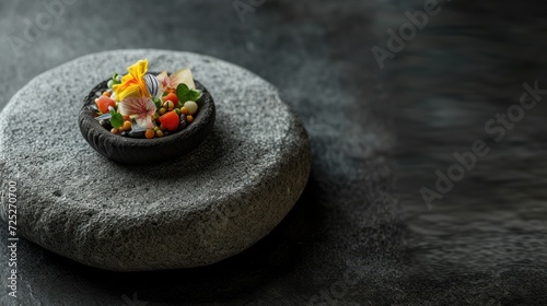  a bowl filled with lots of candy sitting on top of a gray stone covered with a planter on top of it.