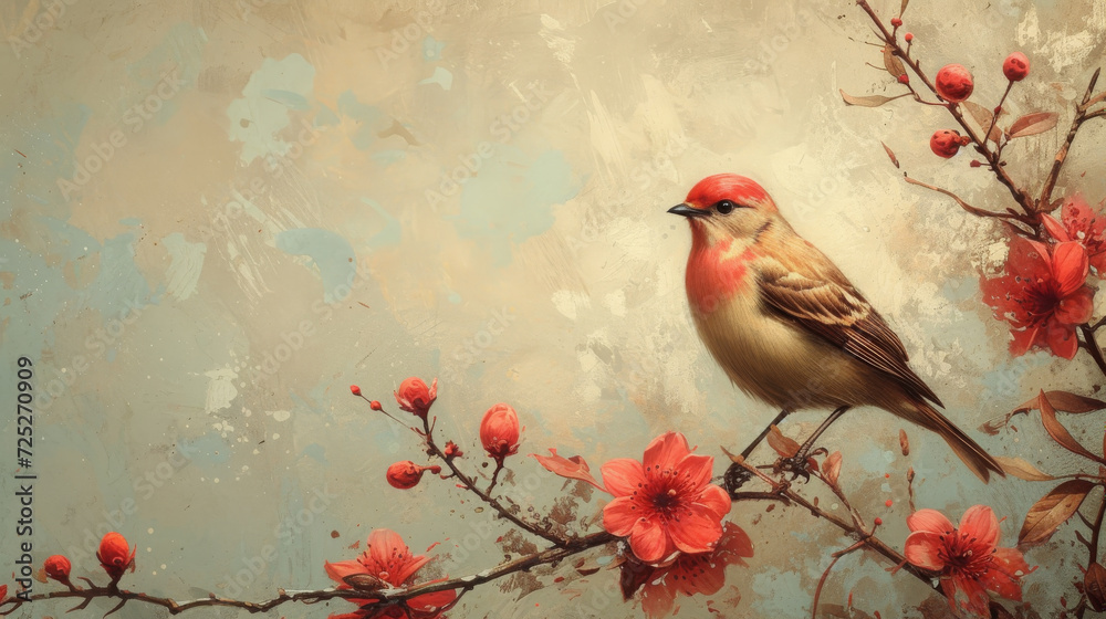 Classic Painted Bird In Red Floral Scene On Antique Background