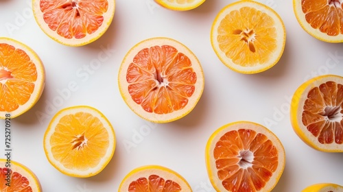  a group of sliced oranges sitting on top of a white table next to each other on top of a white surface.