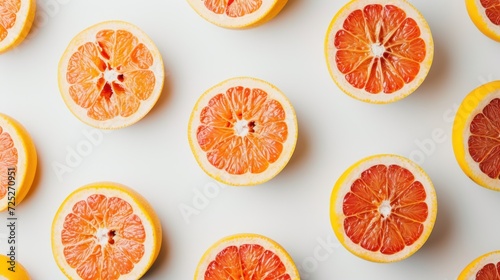  a group of grapefruits cut in half on a white surface with other grapefruits in the background.