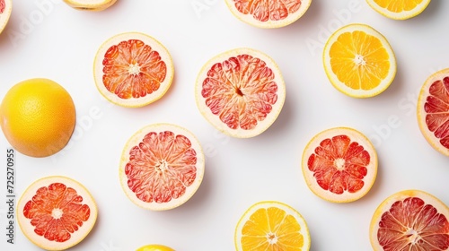  grapefruits, oranges, and grapefruits cut in half and arranged on a white surface.