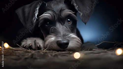 A mischievous schnauzer pup with a twinkle in its eyes.