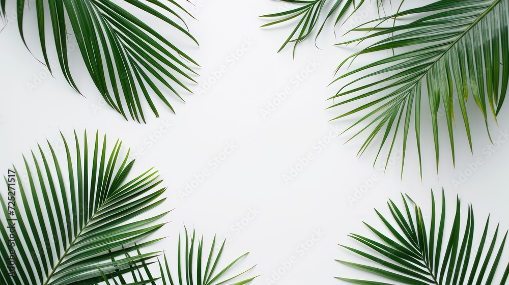  a group of green palm leaves on a white background with a place for a text or an image to put on a wall.
