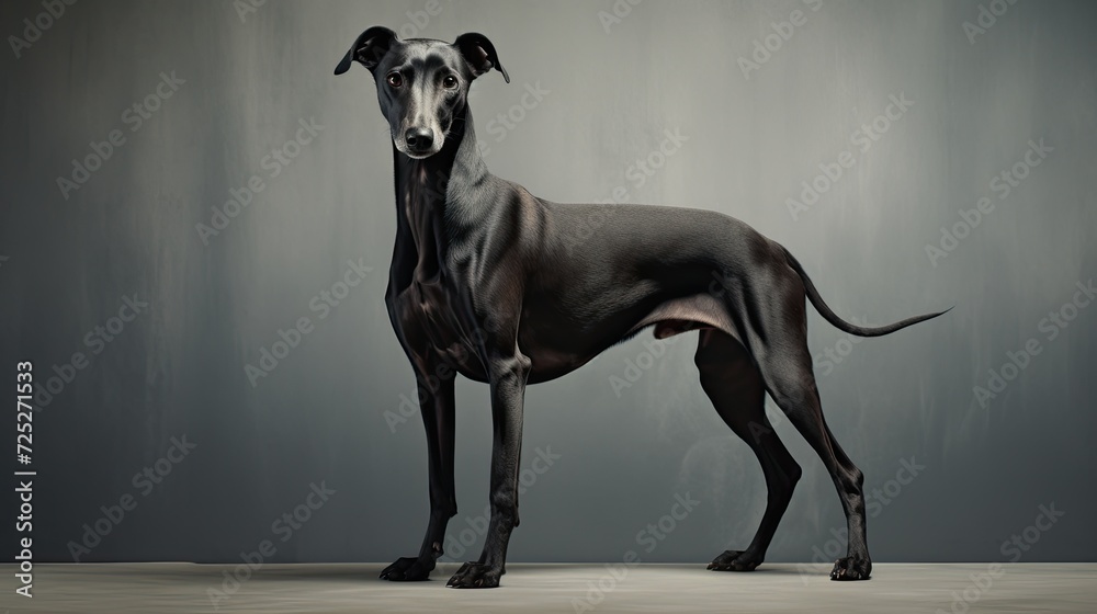 A sleek greyhound pup with a graceful stance and long legs.