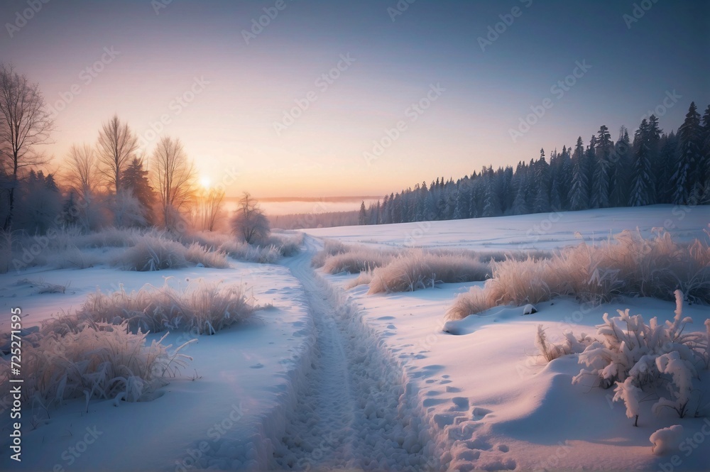 Beautiful view of Winter landscape at sunset
