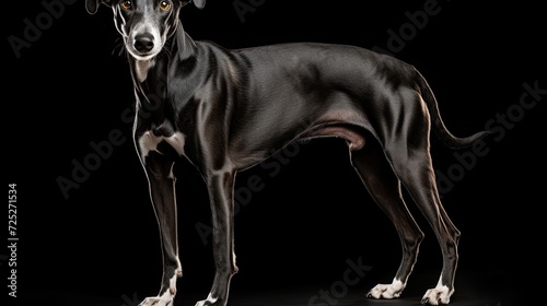 A sleek greyhound pup with a graceful stance and long legs.