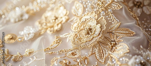 Gold-colored lace with sparkling beads embroidered on double-sided tulle, used for a wedding suit with gold thread cord and floral patterns.