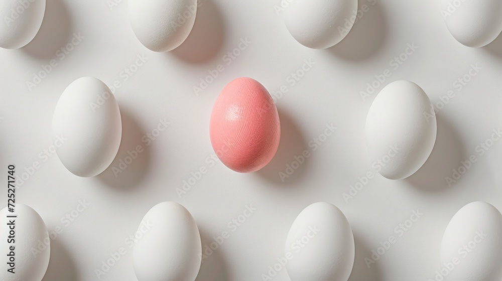 a group of eggs sitting next to each other on top of a white surface with a pink egg in the middle. a group of eggs sitting next to each other on top of a white surface with a pink egg in the middle.